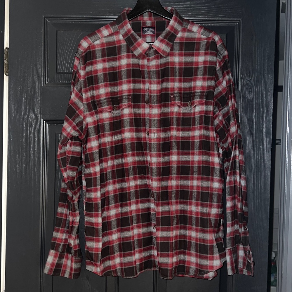Untuckit XXL Flannel Plaid Button Up Long Sleeve Shirt Slim Fit Red Grey/Gray